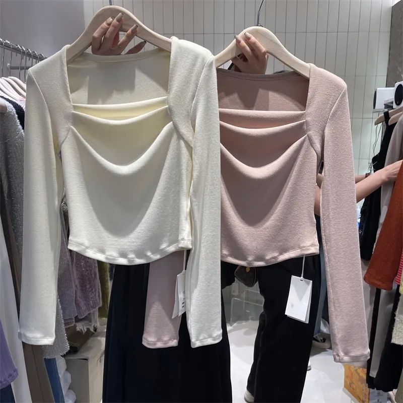 Super soft waxy double-sided velvet bottoming shirt autumn and winter new design sense square collar leak clavicle slim slim sanding top