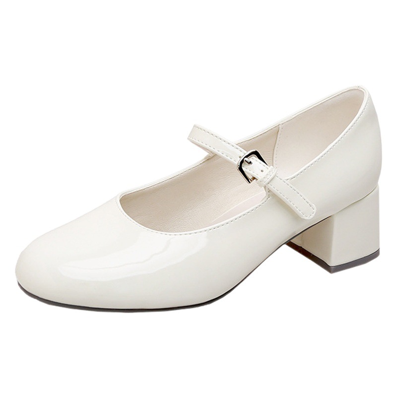 2025 Spring and Autumn New Round Toe Shallow Mouth One-word Belt Commuter Slimming Thick Heel High Heel Shoes Mary Jane Women Genuine Leather