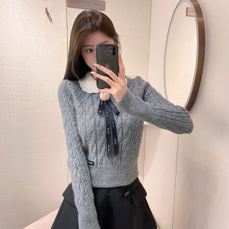 Autumn and Winter New Elegant Gentle Thousand Gold Style Three-dimensional Flower Bow Lapel Design Sense Rhombic Sweater Women's Clothing