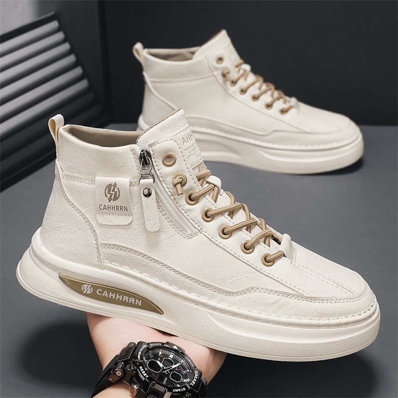 High-Top Men's Shoes 2025 Autumn and Winter New British Style Casual Leather Shoes Trendyy Versatile Sports Sneakers Fashionable White Shoes