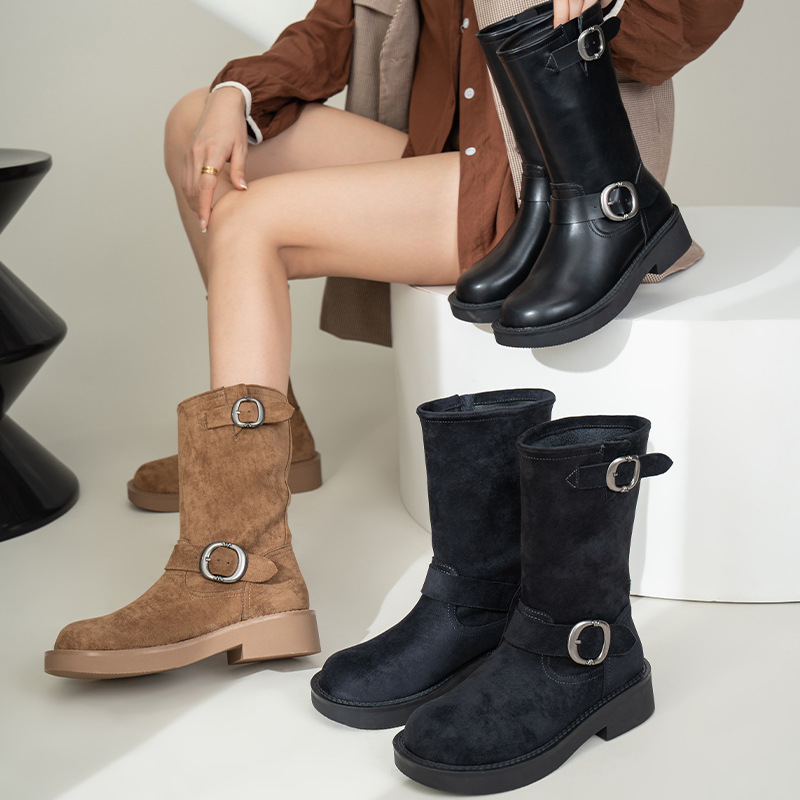 Grape Mom Autumn and Winter New Vintage Metal Buckle Round Head Color Martin Boots Belt Buckle Motorcycle Heap Boots Women