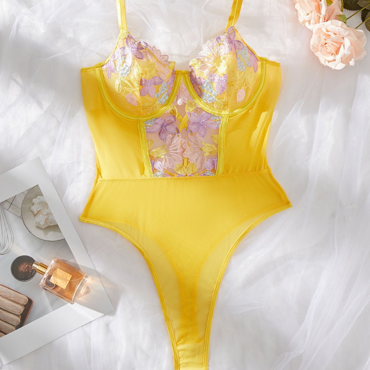 Comfortable Golden Yellow Embroidered Jumpsuit with No Crotch Opening at the Bottom, Made of Polyester Fiber, Slim Fit