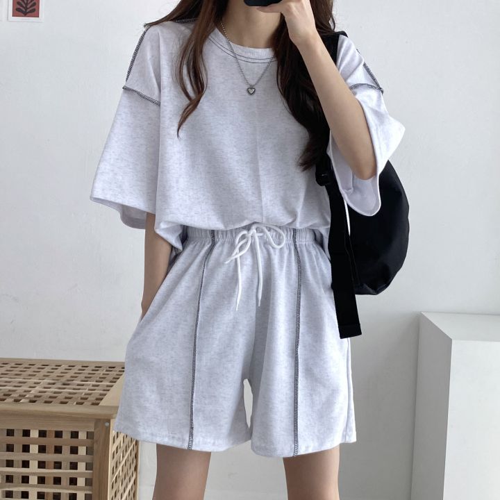 100 Cotton Short-sleeved Shorts Women's Two-piece Set Large Size Solid Color Summer Fashionable Casual Sportswear Set Loose