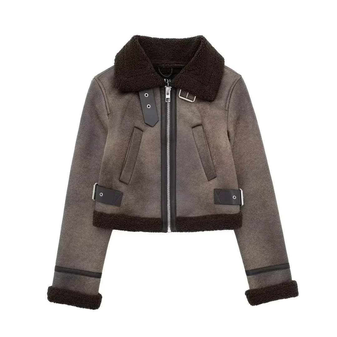 Winter New European and American Style Old-fashioned Loose Short Washed Lapel Fur One-piece Zipper Motorcycle Jacket for Women