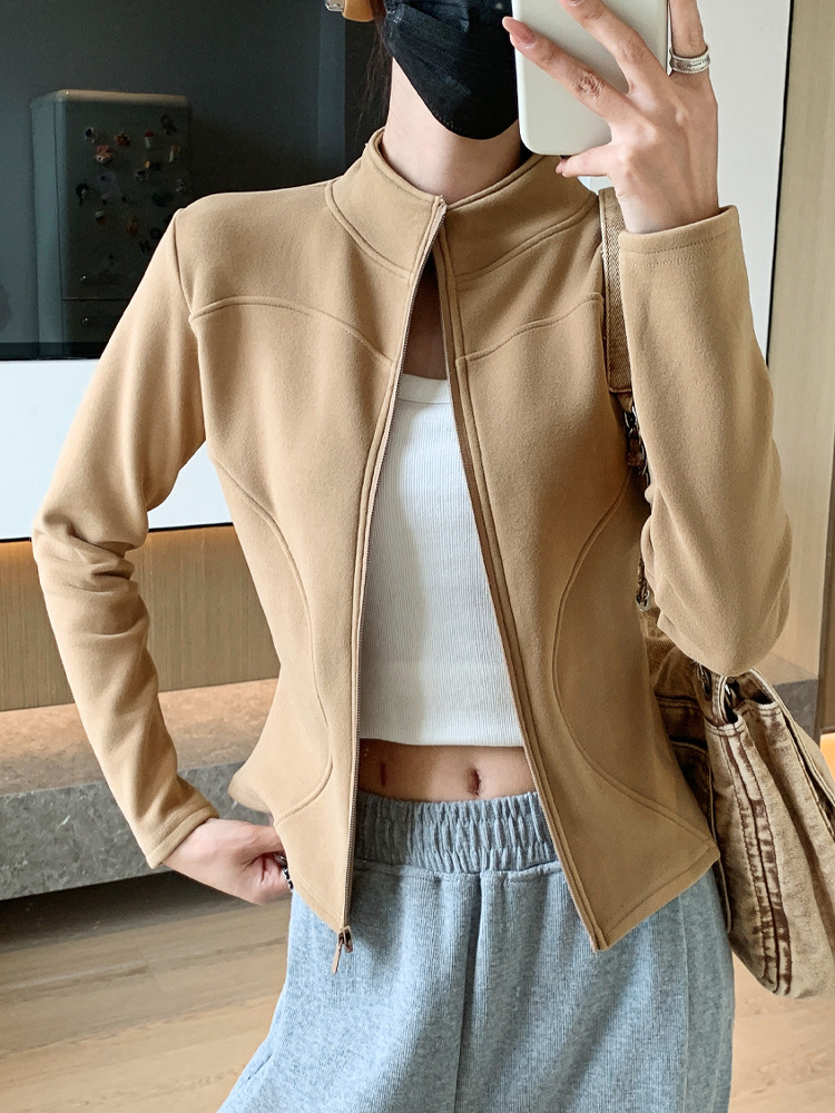 Picture of H119 Strictly Selected Koala Velvet Jacket Sports Women's Autumn and Winter New Vertical Collar Double Arc Curve Tight Top Zipper Cardigan