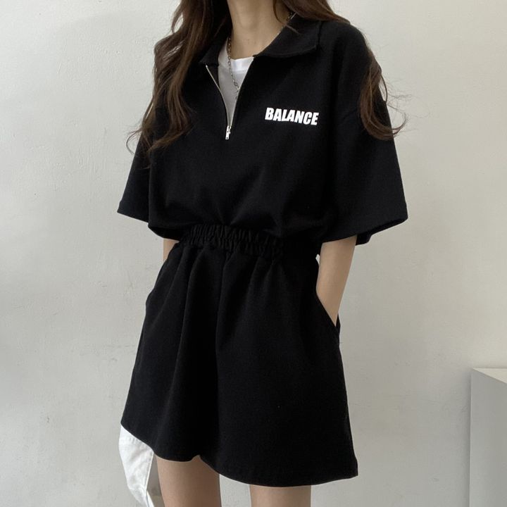 Picture of 4 Color High-end Cotton Zipper Set Two-piece Women's Short-sleeved Shorts Sportswear Solid Color Loose Summer Fashion Casual