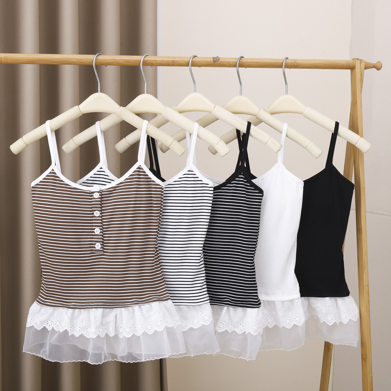 Button Stripe Lace Stitching Strap Strapless Vest Women's Strap Fixed Chest Pad Inner Slimming Outer Wearing All-match Top
