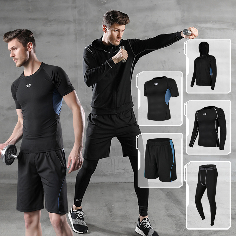 Black Sports suit Men's Running Fitness Suit Five-piece Set Short-sleeved Jacket T-shirt Sports Clothes plus size