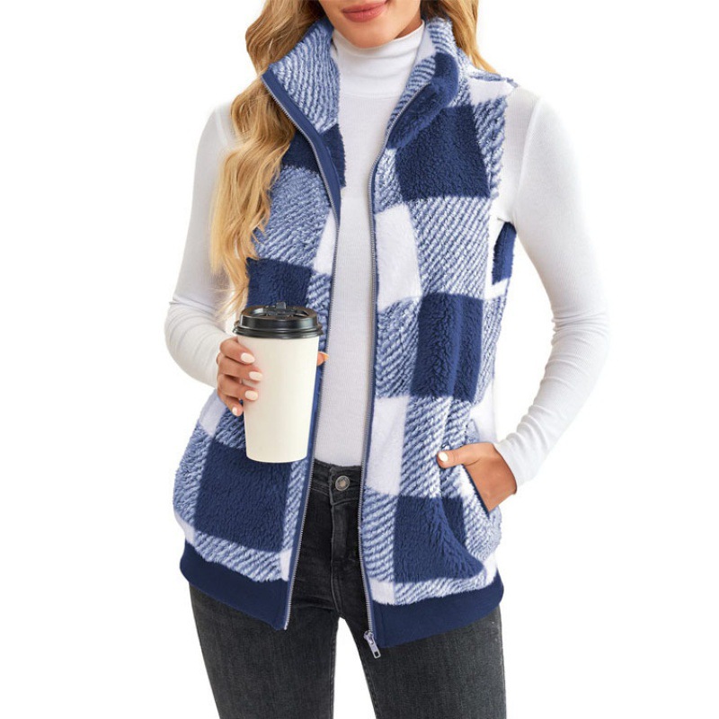 Picture of Spring and Autumn Coat Spring and Autumn Plaid Comfortable Velvet Cardigan Stand Collar Vest Coat Cross-border Women's Clothing