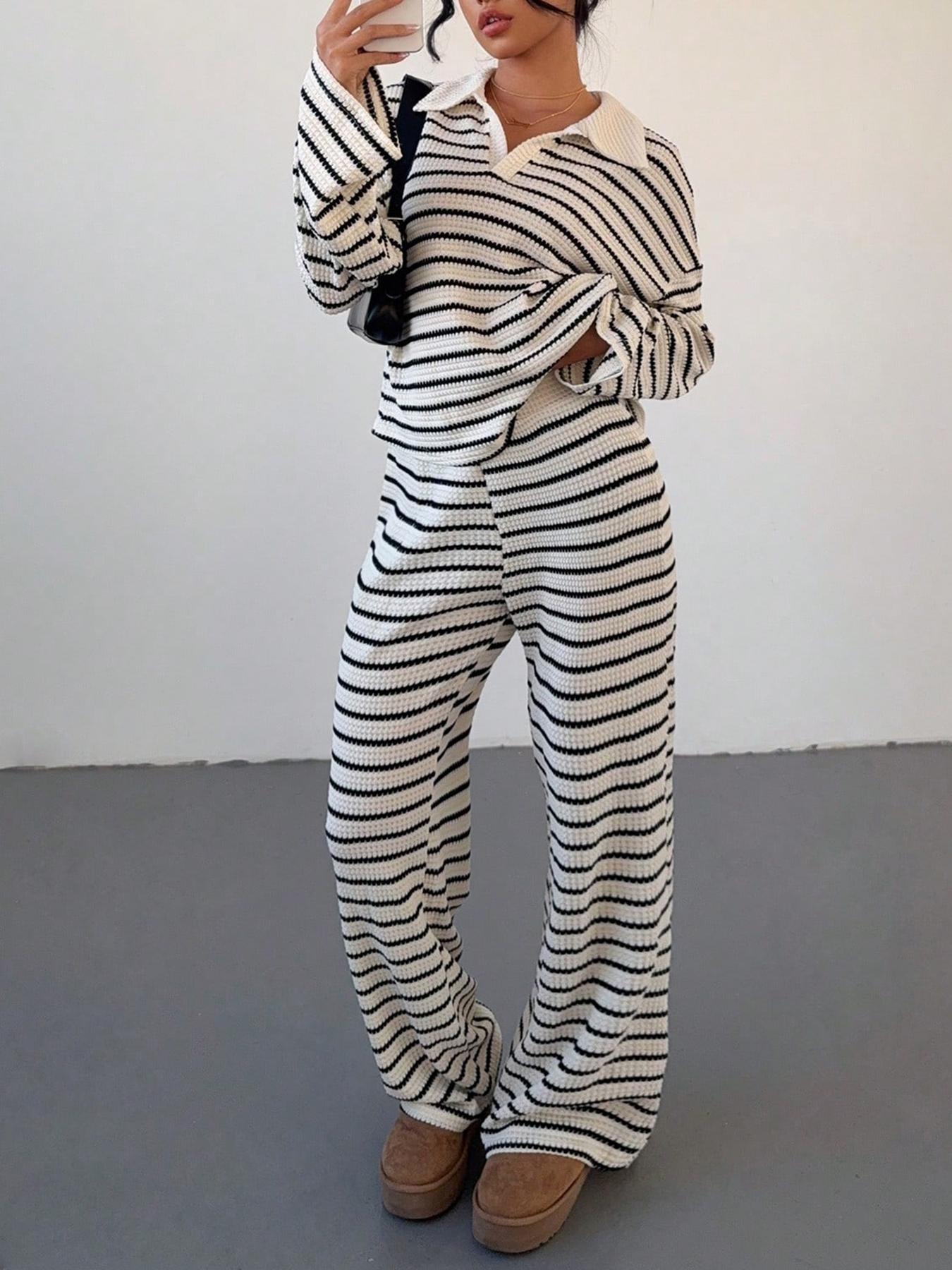 Amazon European and American foreign trade cross-border contrast striped lapels long sleeves wide leg straight trouser suits women's pit strips
