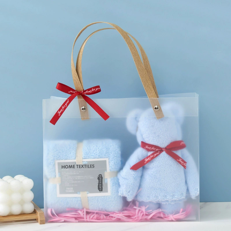 Picture of Coral Velvet Towel Pvc Double Satchel Gift Box Bear Holiday Wedding Souvenir Towel Gift Towel Embroider