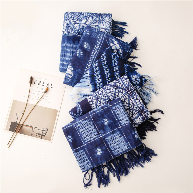 New Style Ethnic Style Tie-Dye Tone Blue and White Porcelain Series Cotton and Linen Scarf Mori Women's Travel Shawl Art Accessories