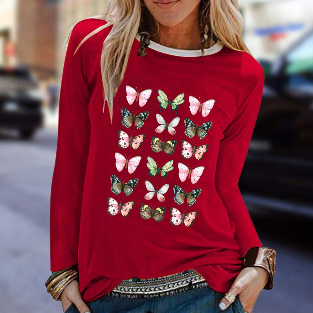 Cross-border AliExpress autumn new women's simple butterfly print long-sleeved T-shirt casual loose top