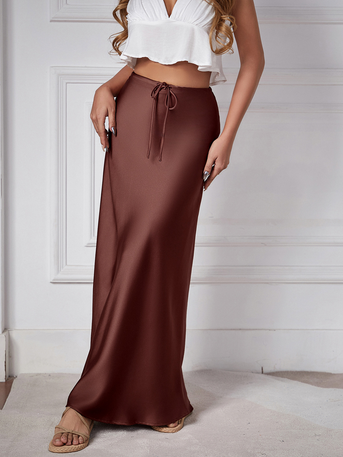 Picture of 2024 Amazon high quality satin long skirt high waist drawstring lace-up solid color skirt female cross-border women's clothing in stock