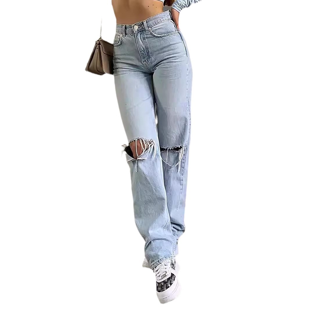 Picture of Amazon Summer New European and American Cross-Border E-Commerce Women's Ripped Jeans Women's High-Waisted Straight Casual Pants Light Blue