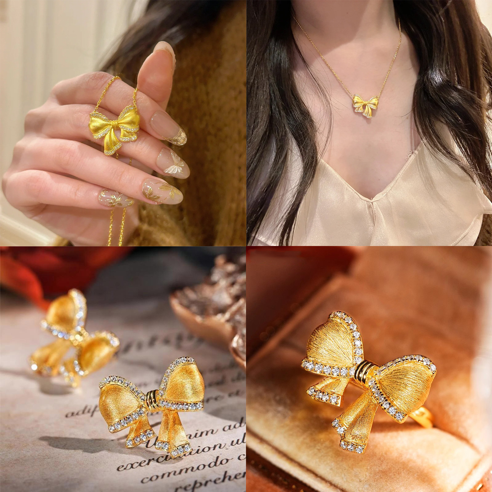 French Retro Escape Princess Brushed Bow Necklace Pendant Light Luxury Full Diamond Ancient Gold Ribbon Butterfly Earrings
