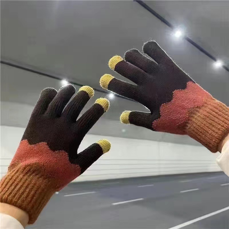 Cute Touch Screen Gloves Women's Winter Women's Five Finger Winter fleece-lined Thick Cotton Warm Windproof Cold-proof Knitted Wool