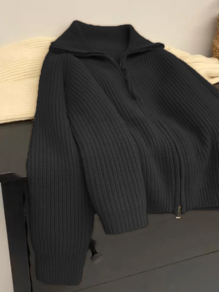 Picture of Soft glutinous lazy double zipper sweater coat women's autumn and winter lapel knitted cardigan loose outer raccoon velvet top