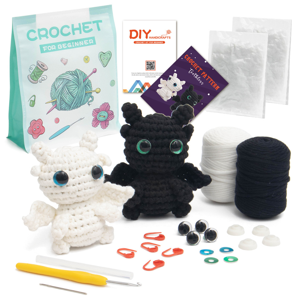Cross-Border New Doll DIY Handmade Crochet Genuine Cotton Material Package Black and White Toothless Wool Knitting Material Package