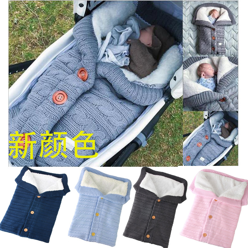 Picture of European and American Style Fall/Winter Baby Stroller Sleeping Bag Outdoor Button Baby Knitted Sleeping Bag Wool Fleece-Lined Thickened Quilt