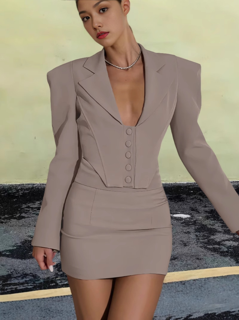 European and American Women's 2024 Fall/Winter New Long Sleeve Lapel Fishbone Top Hip Skirt Skirt Two-Piece Commuter suit