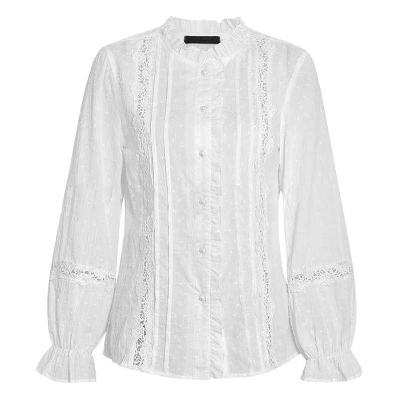 2021 European and American Autumn New Ins Style Horn Sleeve Cotton Stitching Solid Color Casual Internet Celebrity Elegant Shirt for Women