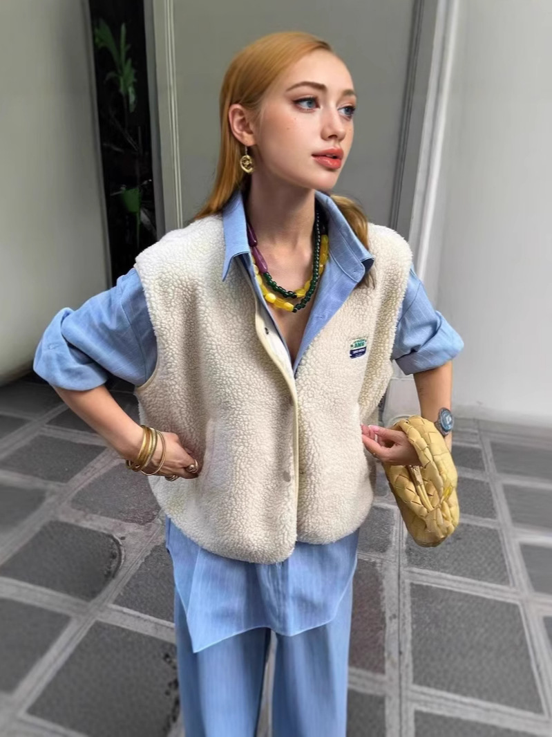 European and American Cross-Border 2024 Autumn Women's Vest Elegant Lamb Single-Breasted Pocket Sleeveless Vest