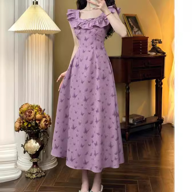 2024 spring and summer popular French temperament ruffled purple butterfly square collar strap dress for women