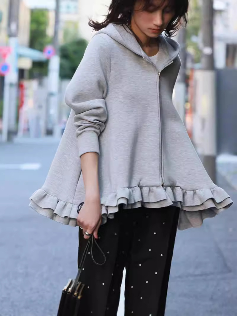 Picture of 2025 Japanese Style Autumn and Winter Lotus Leaf Hem Zipper Sweatshirt in Stock