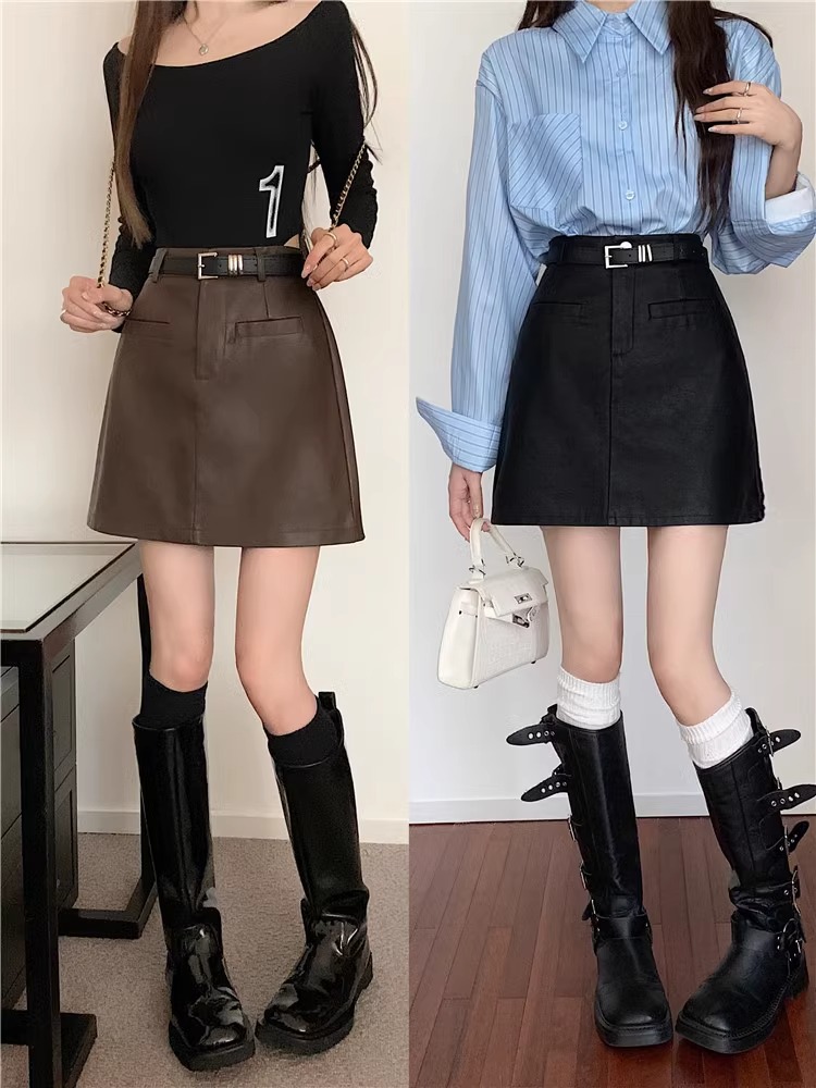 Black High Waist pu Leather Skirt Winter New Skirt Slimming Short Skirt Belly Covering Elegant All-match A- line Skirt