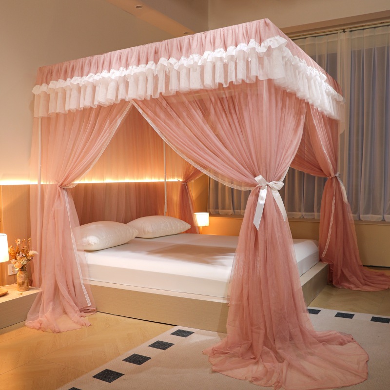 2024 New Summer Korean Style Princess Style Square Top Floor-Standing Mosquito Net for Home Bedroom Three-Door Mosquito Net with Bracket