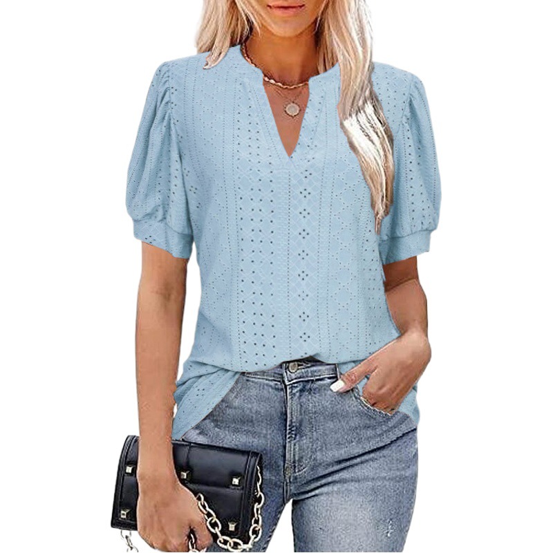 European and American Cross-border Foreign Trade 2023 Amazon Spring and Summer Leisure V-neck Solid Color Hollow Puff Sleeve Loose T-shirt