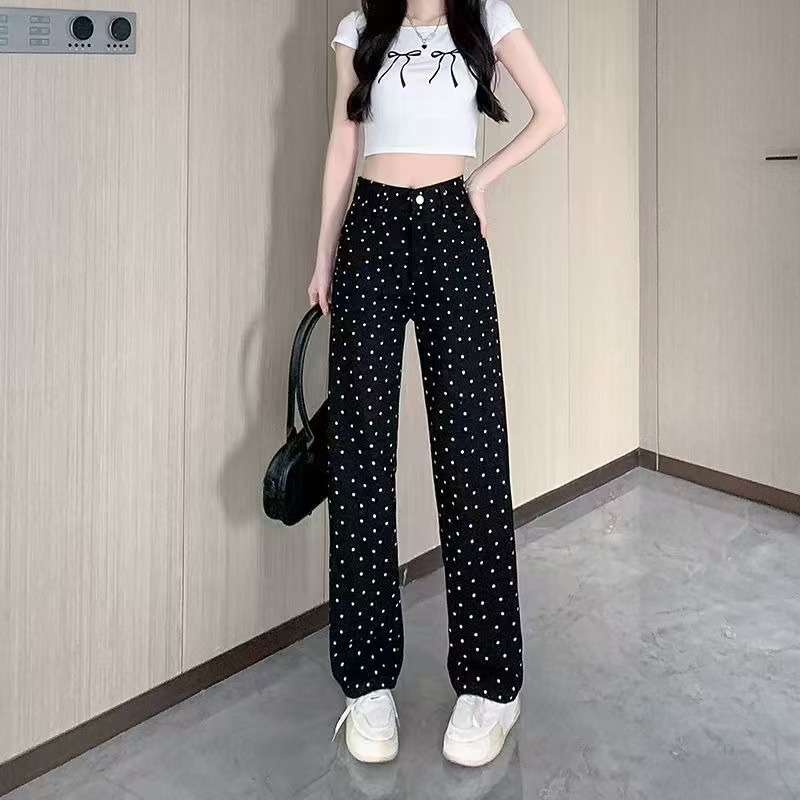 American White Floral Polka Dot Jeans for Women Summer High-Waisted Thin Pants Slimming Loose Wide-Leg Floor-Length Pants