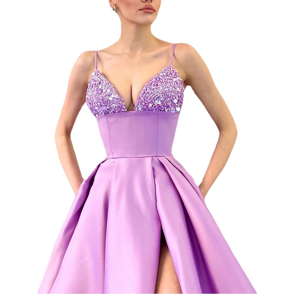 Purple Sexy High-end Slip Dress European and American New dress Deep V Sequin Split Dress Waist Elegant Women's Dress