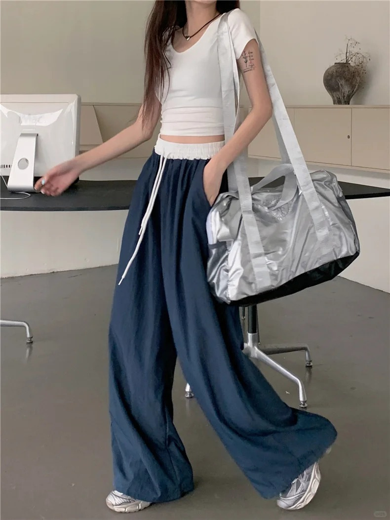 Summer 2024 Korean Style Casual Color-matching Loose Loose Slimming Slimming Drawstring Wide-leg Pants Women's Trendy Overalls
