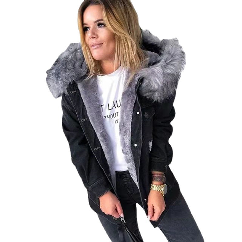 Picture of 2024 Autumn and Winter Denim Jacket Plus Velvet Denim Jacket European and American Retro Large Fur Collar Temperament Commuting Warm Ripped Coat