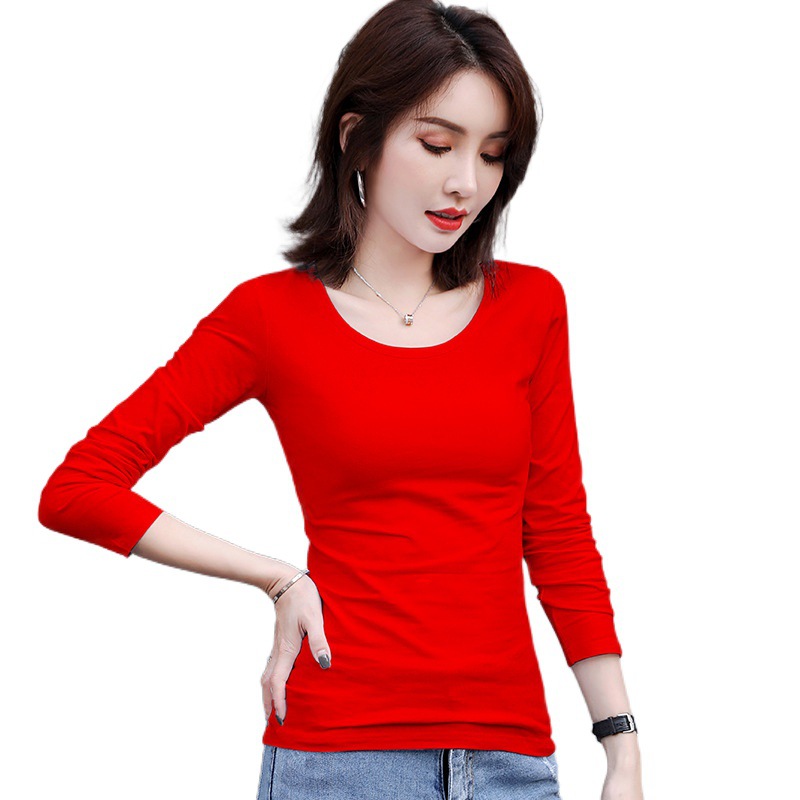 Picture of Spring and Autum Round Neck Pure Color Long-Sleeved T-Shirt Girls Elastic Large Size New Slim Fit Versatile Top Thin Bottoming Shirt