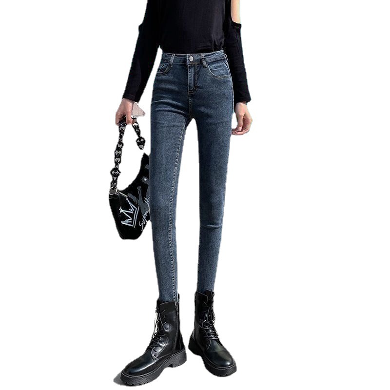 Picture of Fleece-lined jeans women's loose high waist slimming 2021 autumn and winter New outdoor wear versatile straight stretch pencil