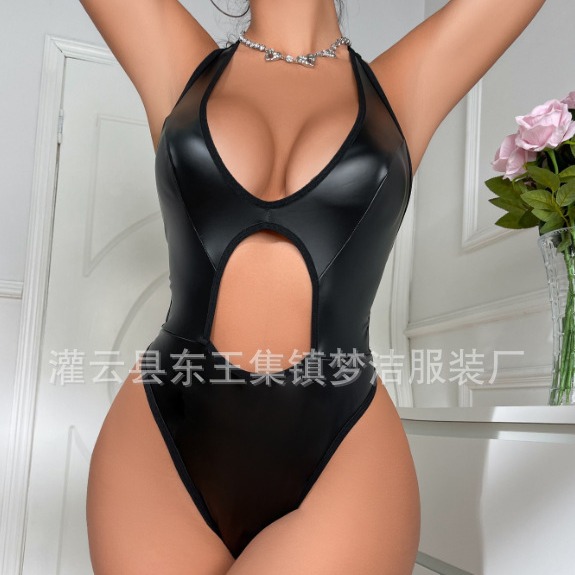 European and American Foreign Trade New Style Sexy Underwear Black Hollow Patent Leather Sling Three-point Siamese Sexy Pajamas for Women 1048
