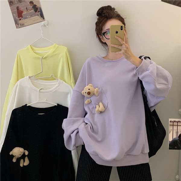 2021 New Autumn Online popular Korean version of loose cute bear long sleeve purple sweater women's coat ins trendy