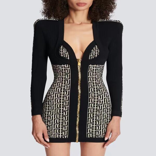 Hollywood Star European and American Fashion Explosions British Style Long Sleeve Front Zipper V-Neck Jacquard Knitted Bandage dress