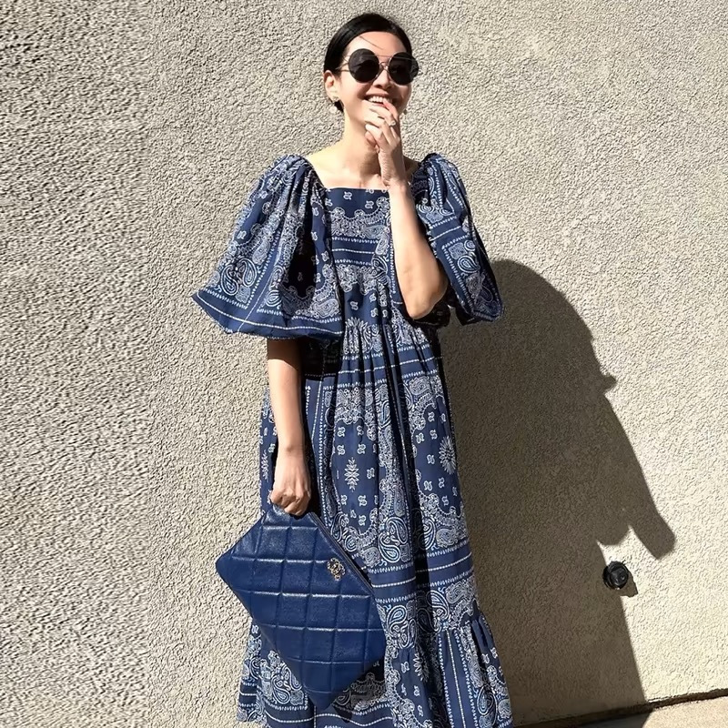 Korean Style Chic Vintage Puff Sleeve dress Women's Summer New Square Collar Printed Loose Casual Ethnic Style Long Dress