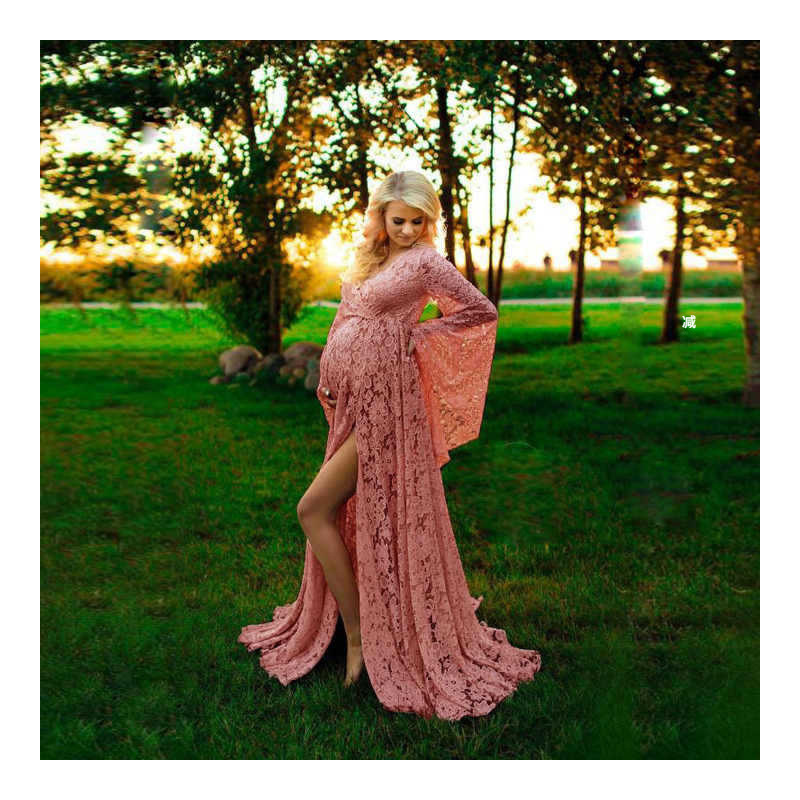 Cross-border hot-selling lace color maternity dress high waist front slit long sleeve deep V-neck casual floor-falling dress morning gown