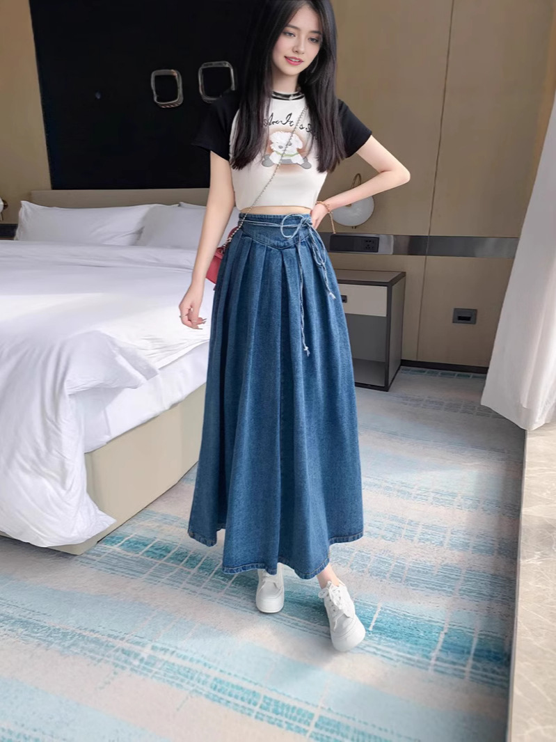 Vintage Strap Denim Skirt Women's Spring and Summer New Fashion Design Sense High Waist Slimming Mid-length Umbrella Dress Trendy