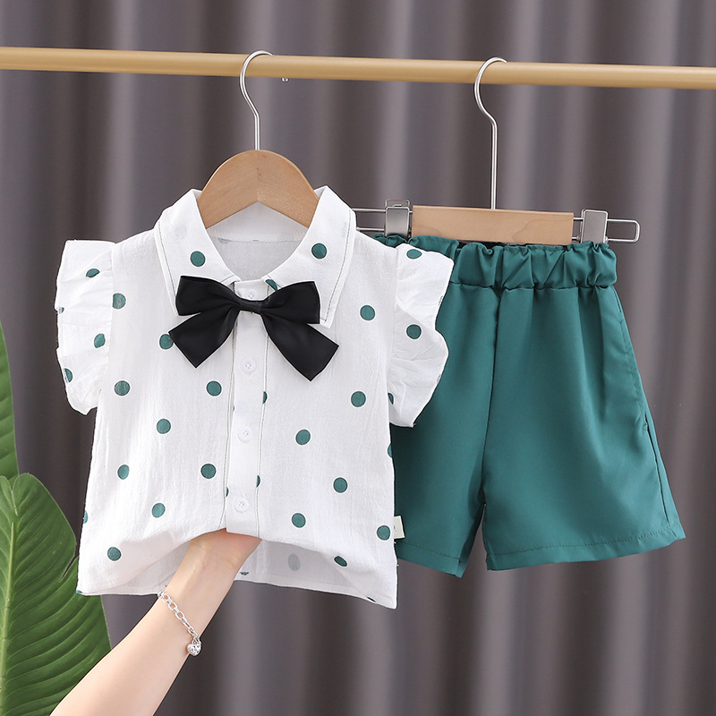 Korean summer Korean girls bow polka dot short sleeve fashion two-piece summer children's suit wholesale