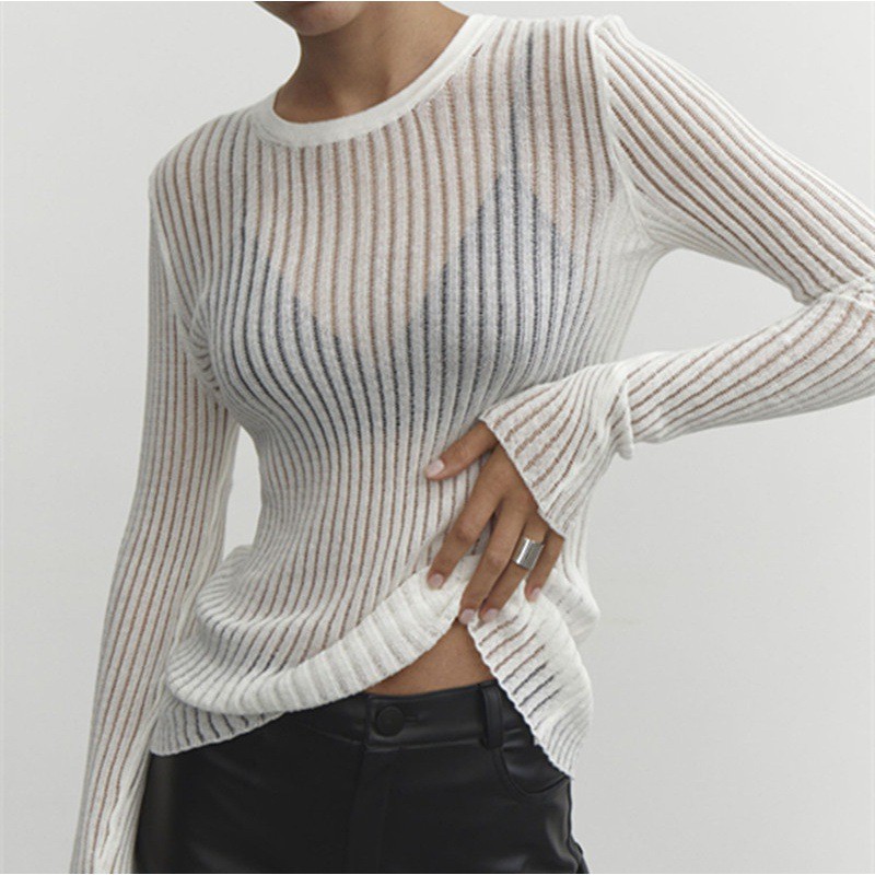 2025 European and American Spring and Summer New Hot Selling Long Sleeve Round Neck Thin Breathable Knitwear Top Sunscreen Knitwear