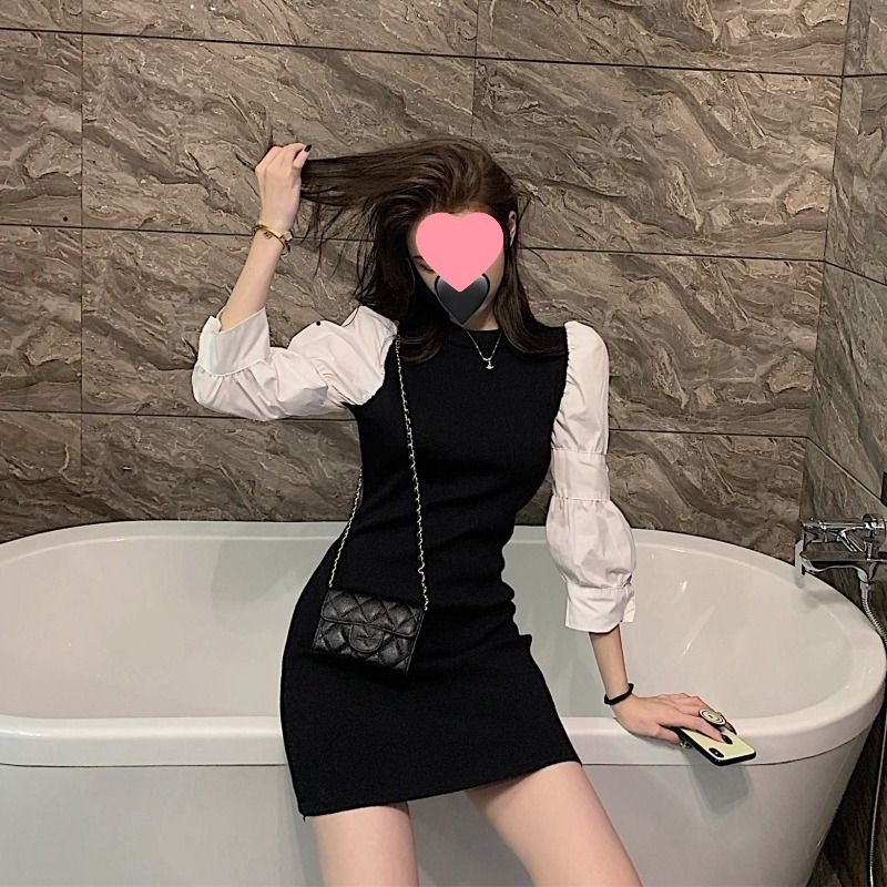 Korean Style Knitted Stitching Long-sleeved Elegant dress Women's Spring and Autumn 2025 New Slim-fit Slim-fit Sheath Skirt