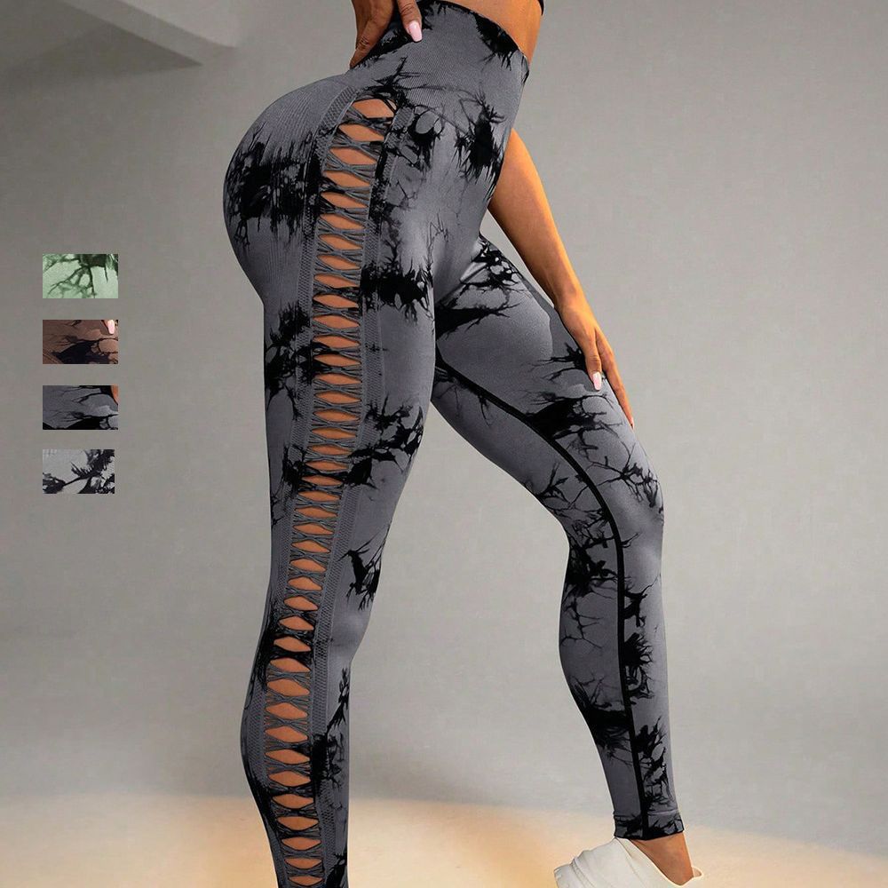 European and American Cross-border Outdoor Sports Quick-drying Tight-fitting High Waist Hip-lifting Fitness Pants Side Hollow-out Tie-dyed Yoga Pants for Women