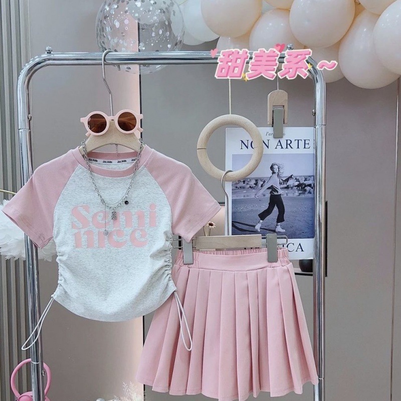 Summer Girls' Spice Girls suit Summer Dress Large Children's Short-sleeved Short Top Pleated Skirt Student Fashion Two-piece Set for Women