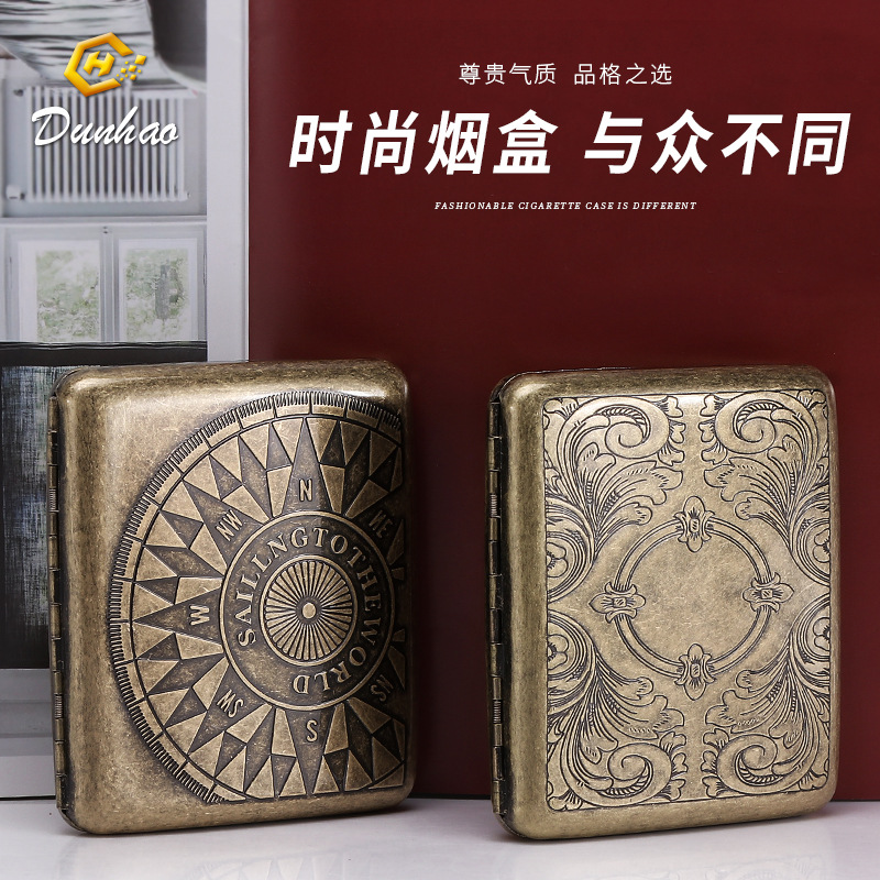 Picture of New Bronze Condensed Flower 20-Pack Metal Imitation Copper Cigarette Box Flip-Top Gift Box Carved and Engraved Pressure-Resistant and Dust-Proof Cigarette Box
